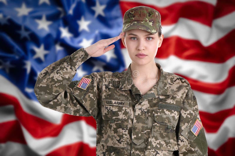Female soldier and American flag on background. Military service. Female soldier and American flag on background. Military service