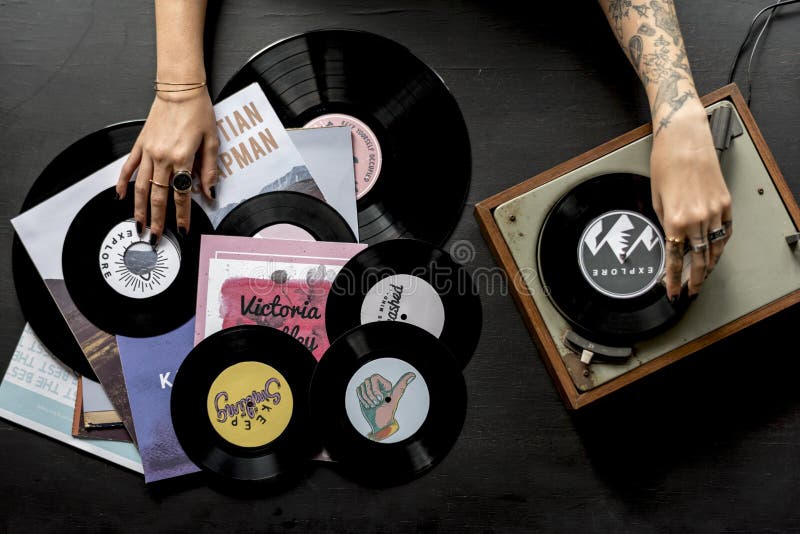 Tattoo Woman with Music Vinyl Record Disc with Player. Tattoo Woman with Music Vinyl Record Disc with Player