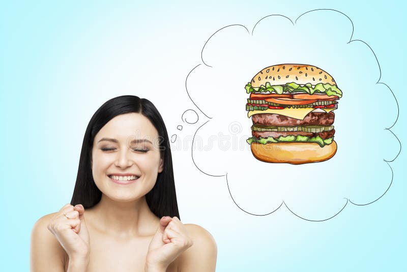 A brunette woman is thinking about burger. A fast food concept. Blue background. A brunette woman is thinking about burger. A fast food concept. Blue background.