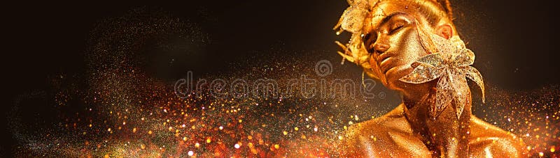 Женщина фотомодели в красочных ярких золотых sparkles представляя с цветком фантазии стоковая фотография