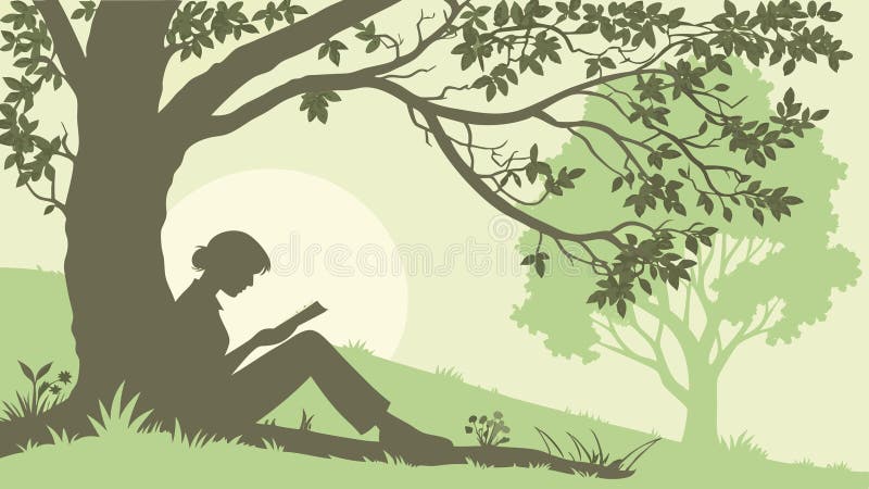 Женщина читает под деревом Serene досуг и дизайн вектора природы бесплатная иллюстрация