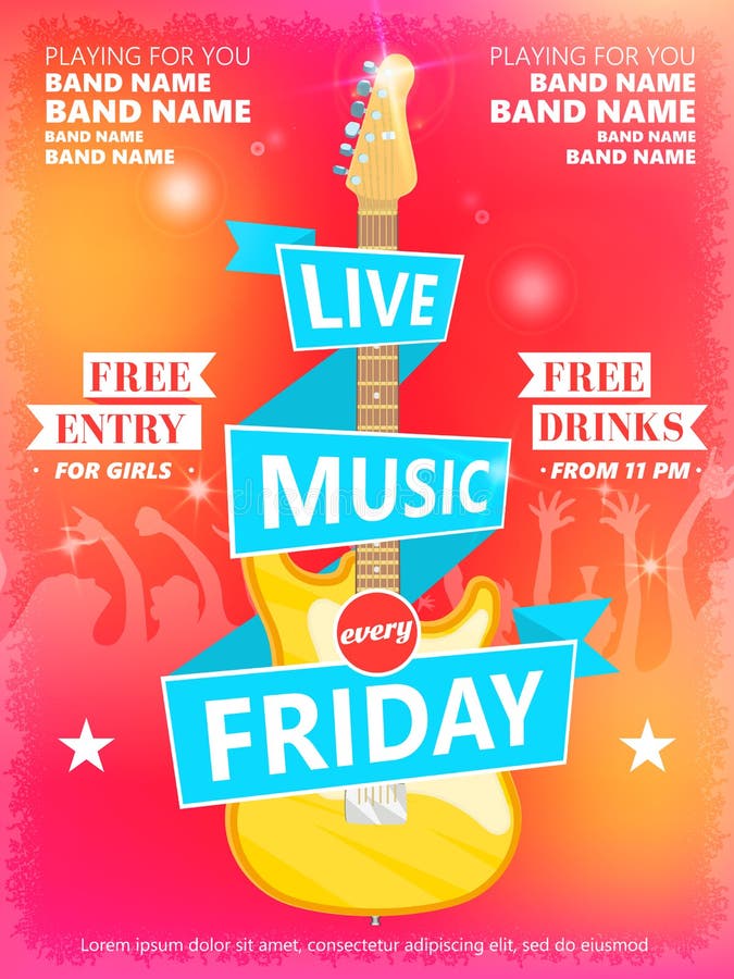 Live Music Every Friday vector poster template. Ideal for printable concert promotion in clubs, bars, pubs and public places. Music themed wall art with cool typography part and guitar. Live Music Every Friday vector poster template. Ideal for printable concert promotion in clubs, bars, pubs and public places. Music themed wall art with cool typography part and guitar.