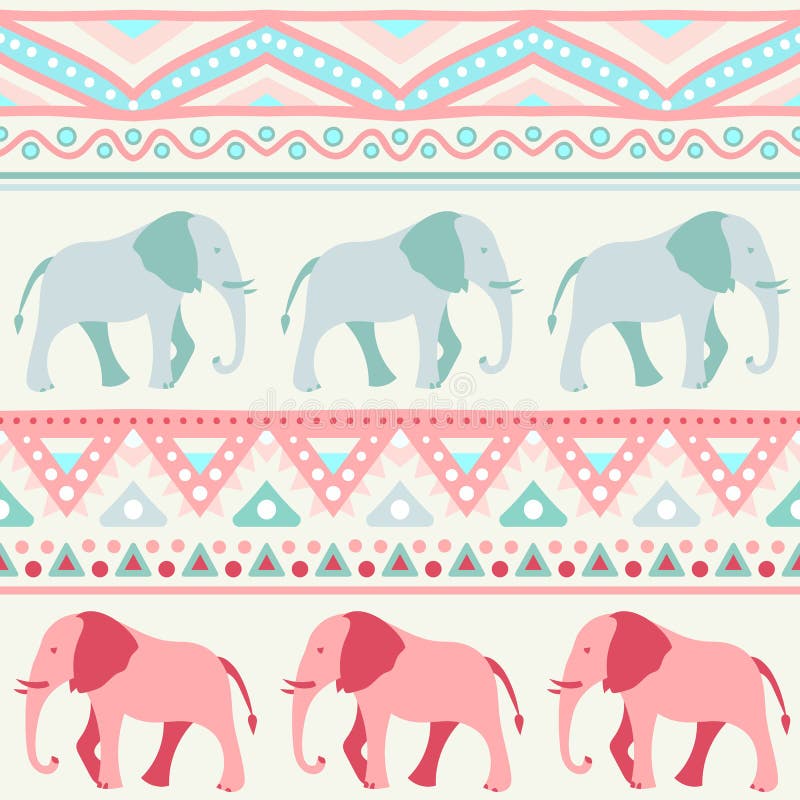 Animal seamless retro vector pattern of elephant silhouettes. Endless texture can be used for printing onto fabric. With doodle stripes. White, blue, red and yellow colors. Animal seamless retro vector pattern of elephant silhouettes. Endless texture can be used for printing onto fabric. With doodle stripes. White, blue, red and yellow colors.