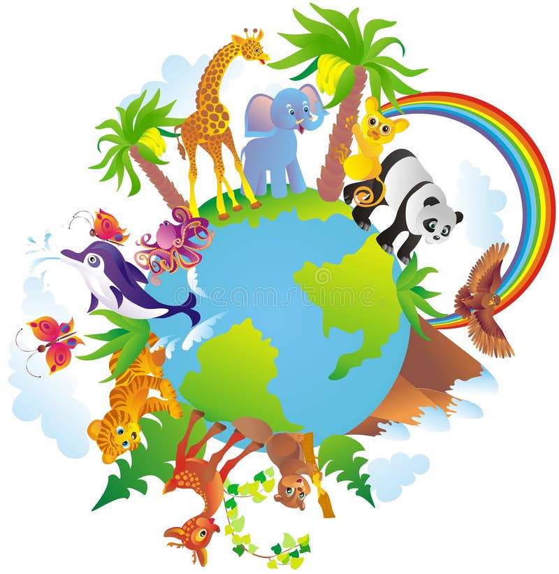 Cartoon animals walking around a globe. Cartoon animals walking around a globe