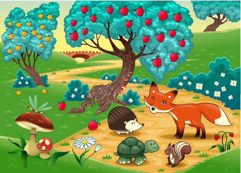Animals in the wood. Funny cartoon and vector illustration. Animals in the wood. Funny cartoon and vector illustration