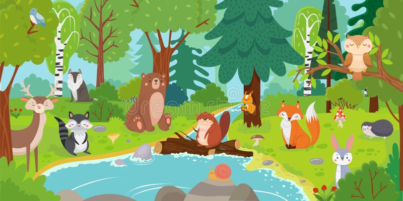 Животные леса мультфильма Дикий медведь, смешная белка и милые птицы на иллюстрации предпосылки вектора детей деревьев лесов иллюстрация штока