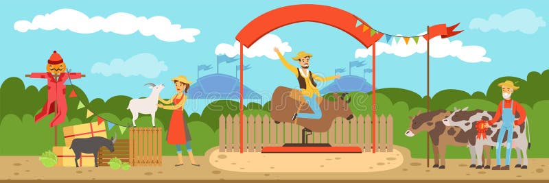 Farmers selling animals at farmers market at sunny summer day horizontal vector Illustration, web design. Farmers selling animals at farmers market at sunny summer day horizontal vector Illustration, web design