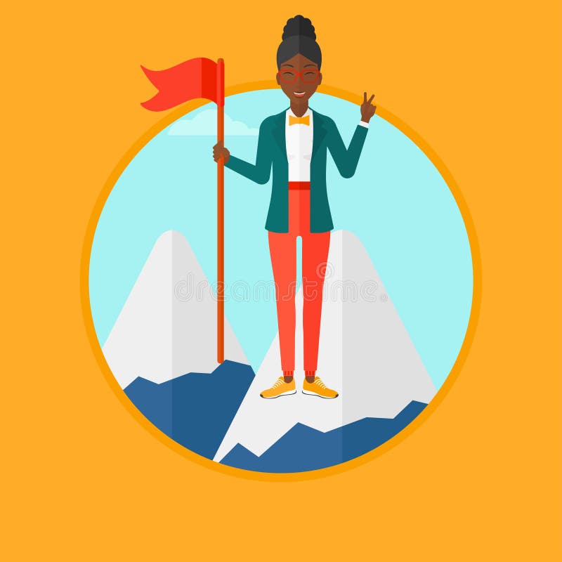 An african-american happy young business woman holding a red flag on the top of the mountain. Cheerful winner and leader concept. Vector flat design illustration in the circle isolated on background. An african-american happy young business woman holding a red flag on the top of the mountain. Cheerful winner and leader concept. Vector flat design illustration in the circle isolated on background.