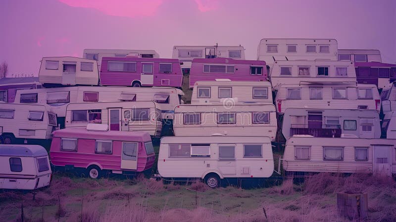 жилые дома caravan в dusk surreal. заход солнца над мобильным жильем. эклектический стиль. а бесплатная иллюстрация