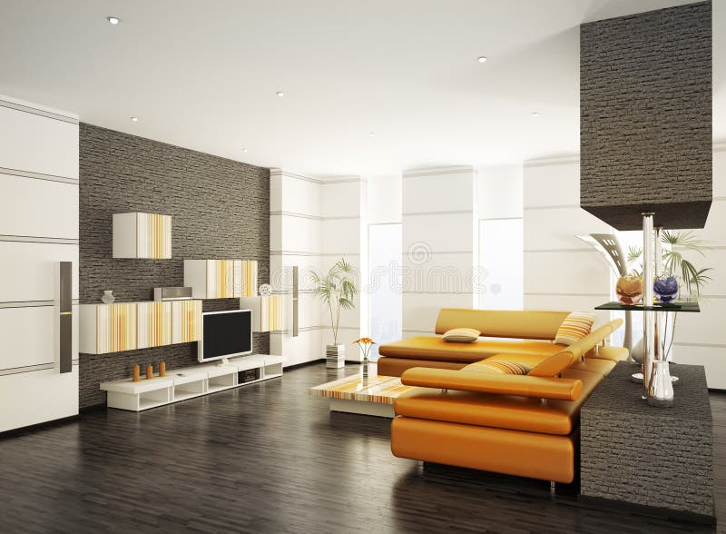 Modern living room with orange sofa and LCD interior 3d render. Modern living room with orange sofa and LCD interior 3d render