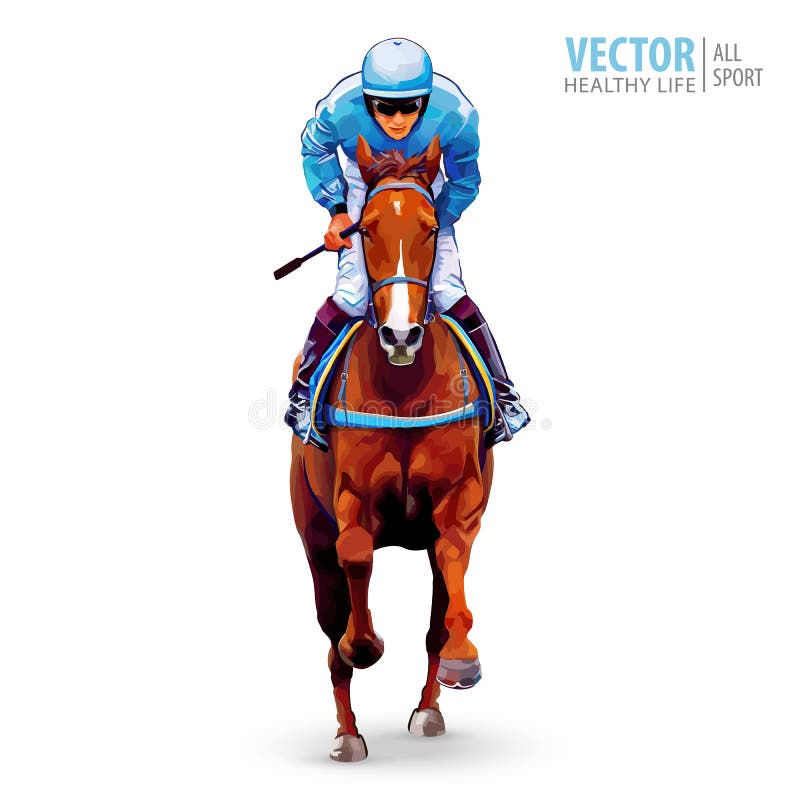 Jockey on horse. Champion. Horse racing. Hippodrome. Racetrack. Jump racetrack. Horse riding. Racing horse coming first to finish line. Isolated on white background. Vector illustration. Jockey on horse. Champion. Horse racing. Hippodrome. Racetrack. Jump racetrack. Horse riding. Racing horse coming first to finish line. Isolated on white background. Vector illustration.