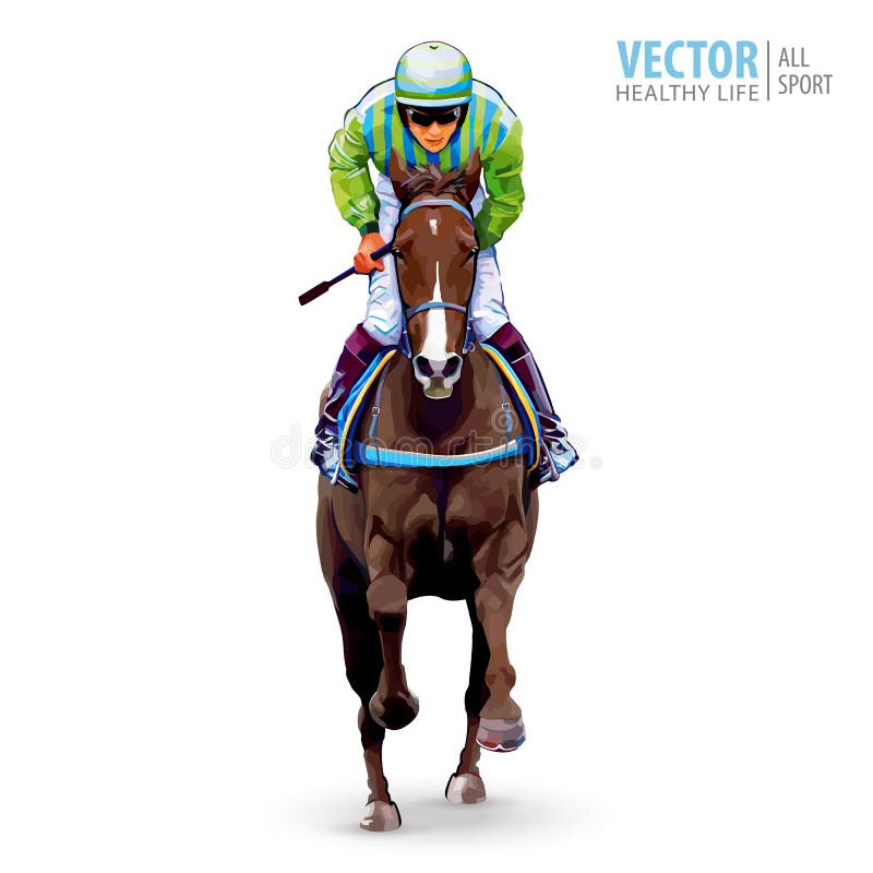 Jockey on horse. Champion. Horse racing. Hippodrome. Racetrack. Jump racetrack. Horse riding. Racing horse coming first to finish line. on white background. Vector illustration. Jockey on horse. Champion. Horse racing. Hippodrome. Racetrack. Jump racetrack. Horse riding. Racing horse coming first to finish line. on white background. Vector illustration.