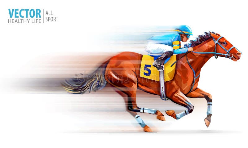 Jockey on racing horse. Champion. Hippodrome. Racetrack. Horse riding. Vector illustration. Derby. Speed. Blurred movement Isolated on white background. Jockey on racing horse. Champion. Hippodrome. Racetrack. Horse riding. Vector illustration. Derby. Speed. Blurred movement Isolated on white background