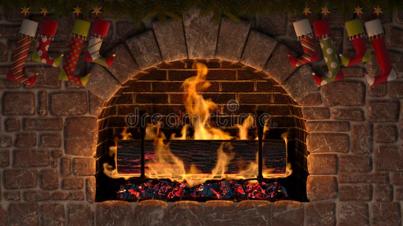 Burning Yule Log in fireplace decorated with christmas stockings. Burning Yule Log in fireplace decorated with christmas stockings.