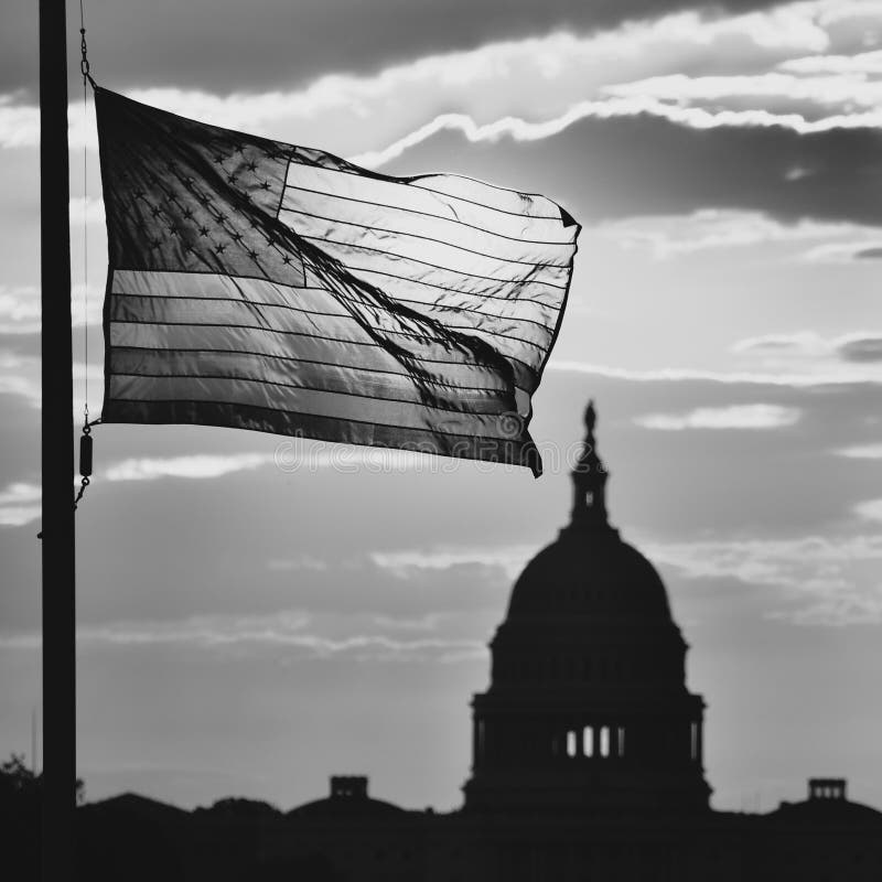 Здание капитолия Соединенных Штатов и США сигнализируют силуэт на восходе солнца, DC Вашингтона - черно-белом стоковые фото Здание капитолия Соединенных Штатов и США сигнализируют силуэт на восходе солнца, DC Вашингтона - черно-белом стоковые фото