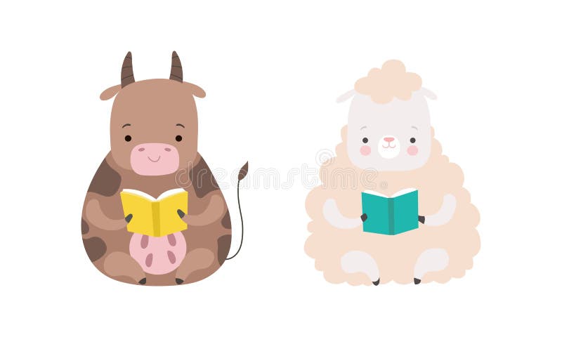 забавные детские животные чтение книг набор очаровательная корова и овцы сидя и обучения детей образование концепция мультфильм иллюстрация штока