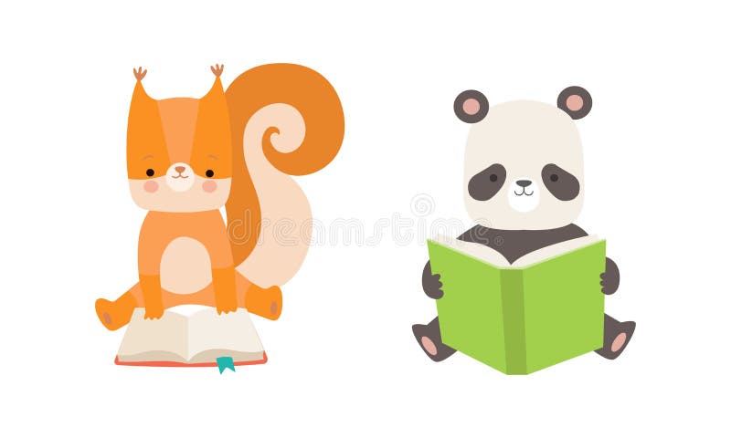 забавные детские животные чтение книг набор очаровательная маленькая белка и панда медведь сидит и обучение детей образование иллюстрация штока