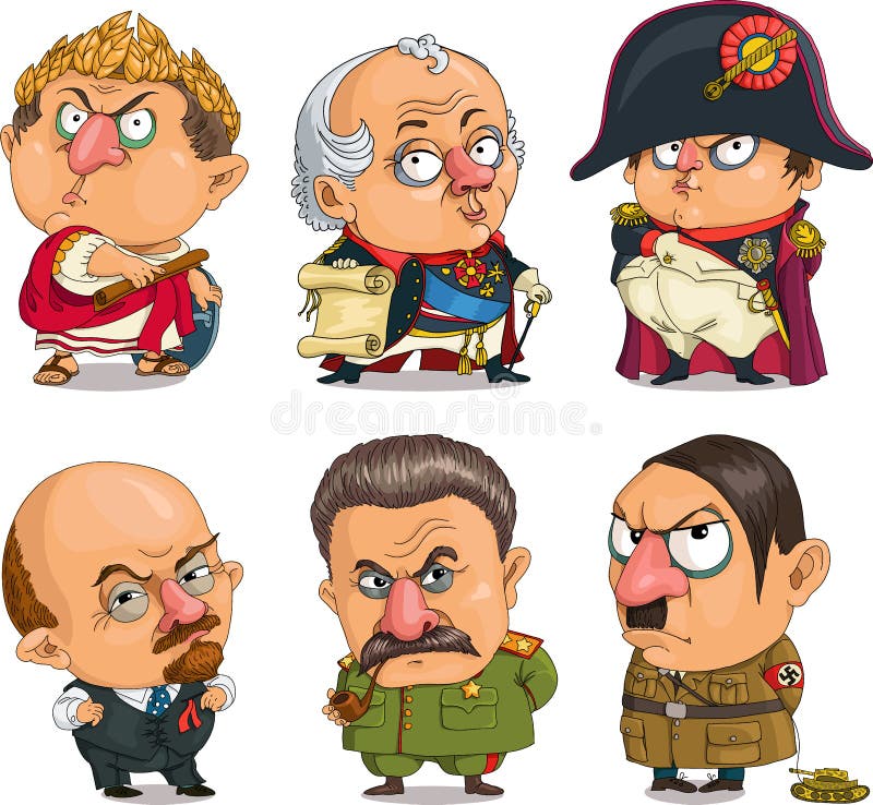 Comic caricature. Vector cartoon about parody characters. Isolated objects. Set of famous historical leaders. Generals. Suvorov, Napoleon, Caesar, Lenin, Stalin, Hitler. Comic caricature. Vector cartoon about parody characters. Isolated objects. Set of famous historical leaders. Generals. Suvorov, Napoleon, Caesar, Lenin, Stalin, Hitler