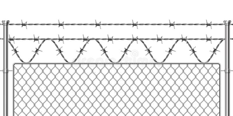 Забор barbwire. Граница реалистичной военная металла изло-женную территории. Мемориальная сетка ограждая раздел с колючей проволок иллюстрация штока