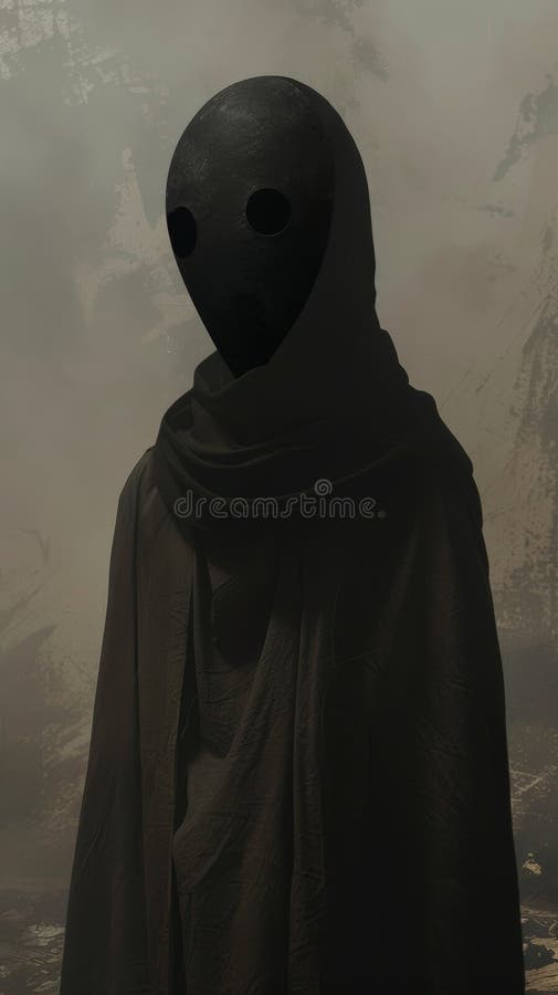 Mysterious figure in a dark robe with a smooth featureless mask. AI generated. Mysterious figure in a dark robe with a smooth featureless mask. AI generated