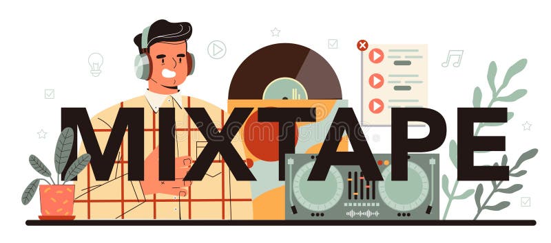 заголовок многомерной печати. dj, стоящий на поворотном миксере иллюстрация штока