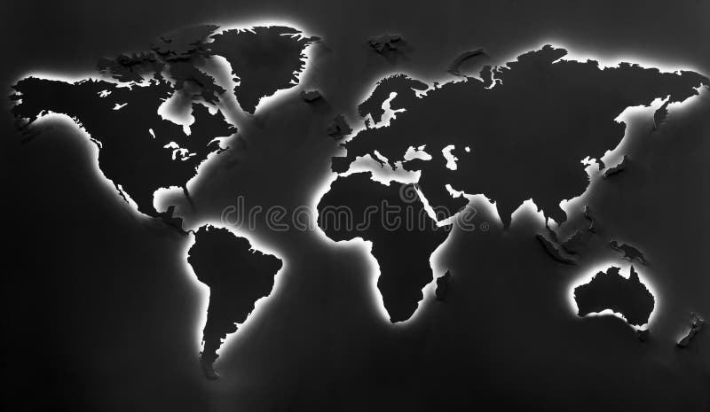 Illuminated earth map on black background. Continents shapes with cool white backlight. Illuminated earth map on black background. Continents shapes with cool white backlight