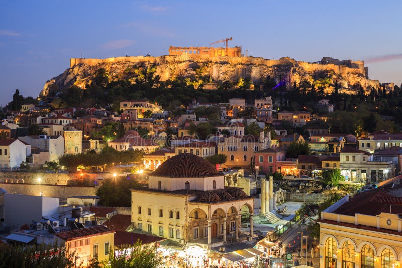 Acropolis rock illuminated in the evening. Athens, Greece. Acropolis rock illuminated in the evening. Athens, Greece.