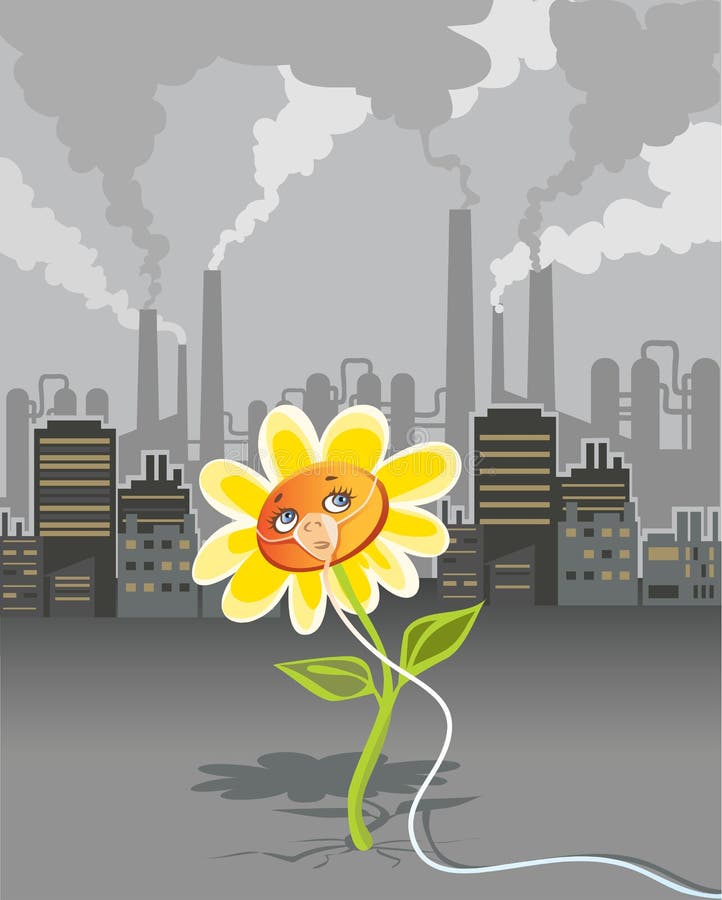 Cartoon on environmental pollution - flower breathing using oxygen mask. Cartoon on environmental pollution - flower breathing using oxygen mask