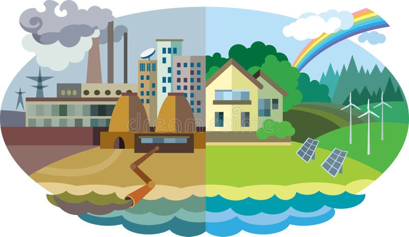 Flat design vector concept illustration: urban and village landscape. Environmental pollution and environment protection. Flat design vector concept illustration: urban and village landscape. Environmental pollution and environment protection