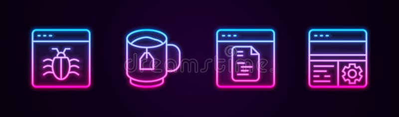 Задать строку System Bug Cup чая с чайной сумки. Неоновый значок. иллюстрация вектора