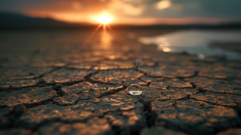 Закат на треснувшей земле с отражающей капелькой воды стоковая фотография rf