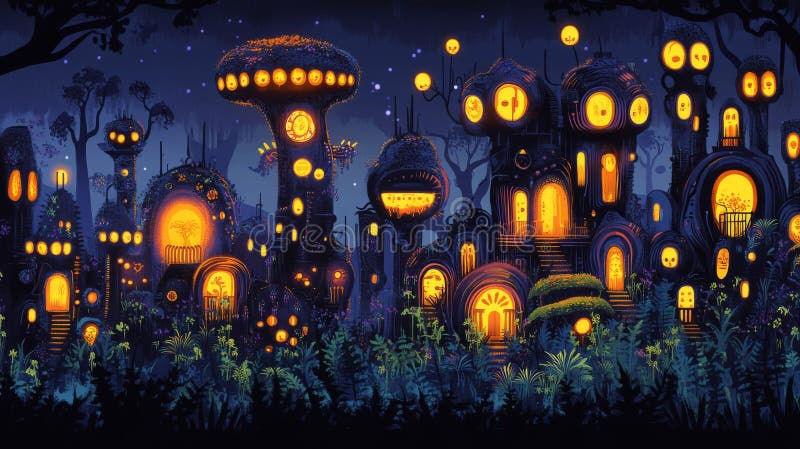 Заколдованный ночной город в стиле Pixel Art иллюстрация штока