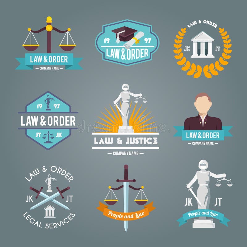 Law and order legal service justice procedures company labels flat symbols collection icons set isolated vector illustration. Law and order legal service justice procedures company labels flat symbols collection icons set isolated vector illustration