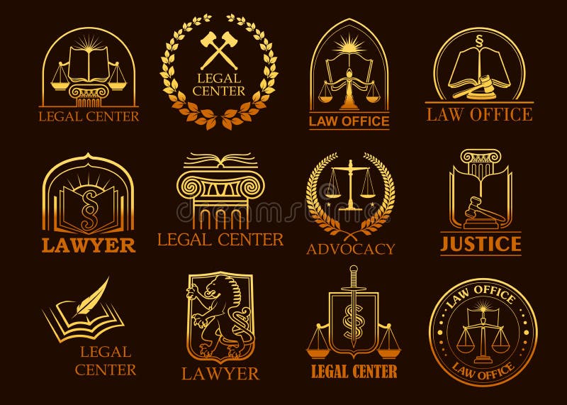 Juridical vector icons of legal symbols law code book, justice scales or judge gavel, laurel wreath and column. Golden emblems for advocate, court lawyer and judicial right attorney, counsel, notary. Juridical vector icons of legal symbols law code book, justice scales or judge gavel, laurel wreath and column. Golden emblems for advocate, court lawyer and judicial right attorney, counsel, notary