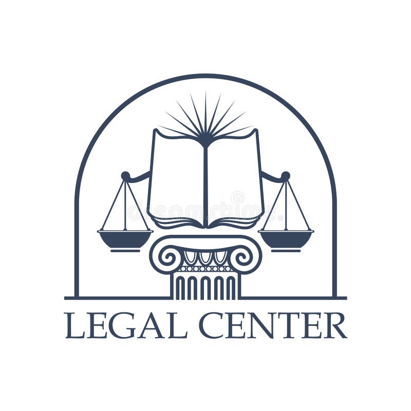 Juridical legal center emblem. Vector icon with Scales of Justice symbol, open book on roman column pillar capital, sun rays under arch. Badge for law attorney, legal advocate or lawyer office, notary or advocacy company. Juridical legal center emblem. Vector icon with Scales of Justice symbol, open book on roman column pillar capital, sun rays under arch. Badge for law attorney, legal advocate or lawyer office, notary or advocacy company