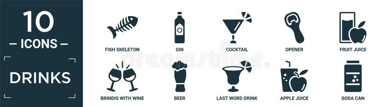 Закрашенный набор значков напитков. Содержит brindis фруктовый сок консервооткрывателя коктейля джина плоских рыб каркасные бокало бесплатная иллюстрация