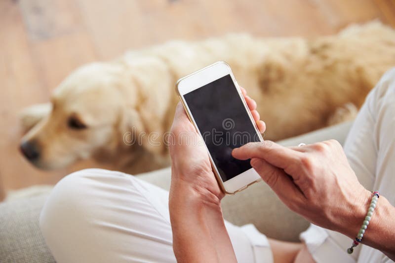Закройте вверх женщины используя Smartphone дома стоковые фотографии rf