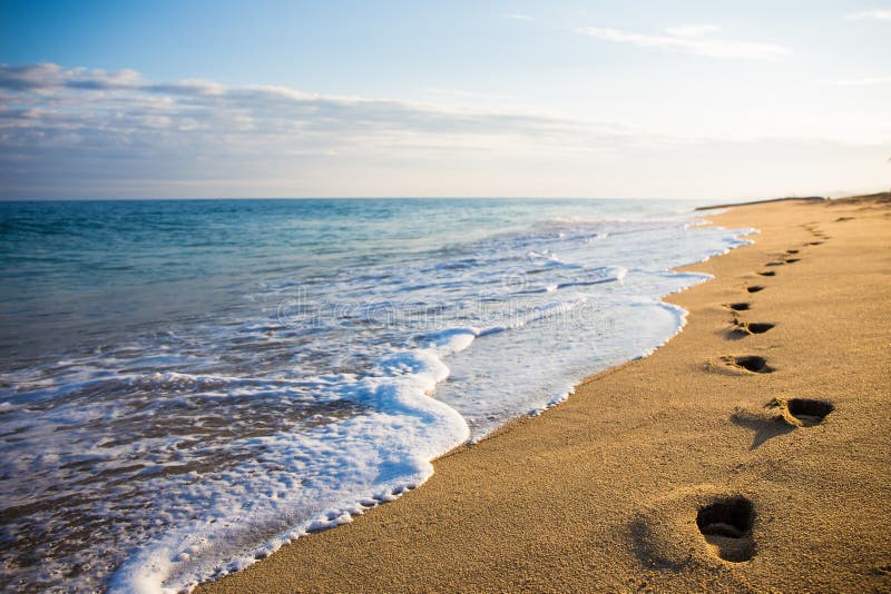 Close up of footprints in the sand on the beach at sunset. Close up of footprints in the sand on the beach at sunset