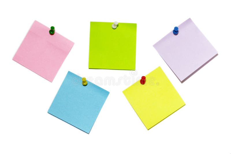 Five colored sticker notes with push-pins isolated over white background. Five colored sticker notes with push-pins isolated over white background