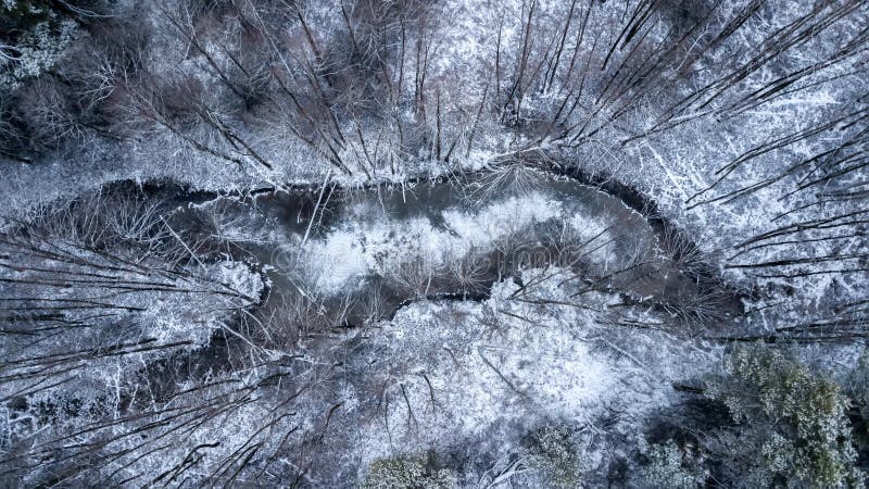 Замороженное озеро в воздушном фотографировании леса зимы с quadcopter стоковое фото Замороженное озеро в воздушном фотографировании леса зимы с quadcopter стоковое фото
