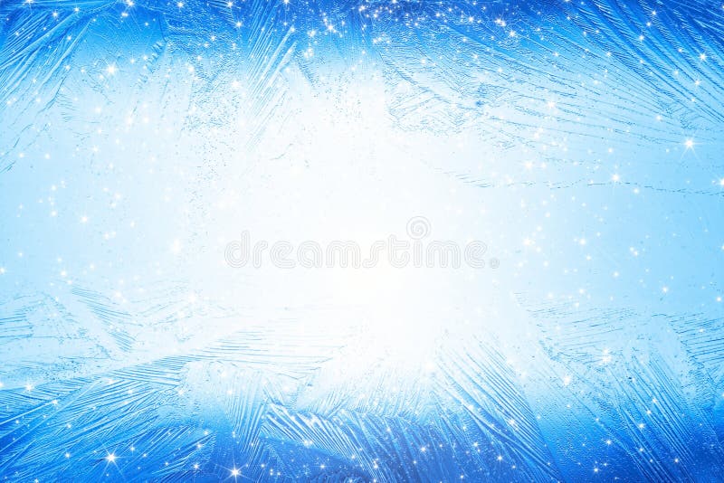 Abstract winter background - blue frozen window with bright light and stars. Abstract winter background - blue frozen window with bright light and stars