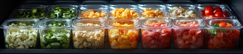 Замороженные контейнеры с продуктами питания в современной холодильной камере иллюстрация вектора