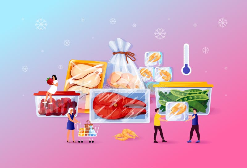 замороженные продукты. овощной и куриный морозильник. люди перевозят продукты в холодильнике. рыба и клубника. хранилище бесплатная иллюстрация
