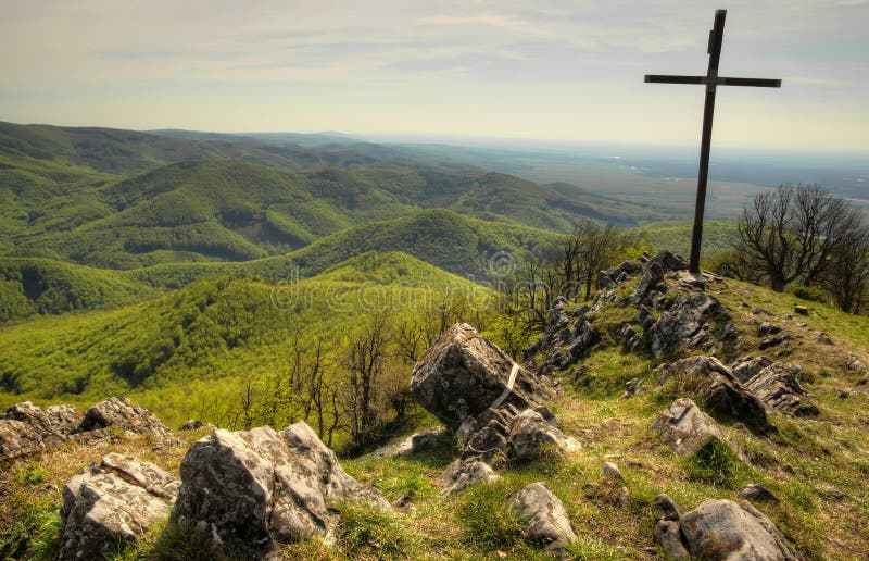 Jesus Cross on Top of Forested Hills. Jesus Cross on Top of Forested Hills