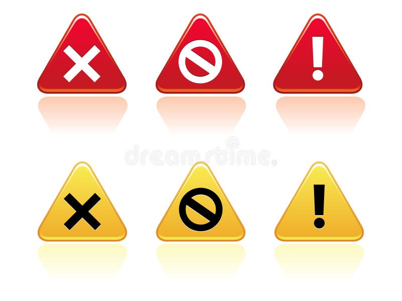 Large triangular warning / error buttons in yellow and red with rounded edges. Reflection placed on separate layer for ease of use. Available in vector EPS format. Large triangular warning / error buttons in yellow and red with rounded edges. Reflection placed on separate layer for ease of use. Available in vector EPS format.