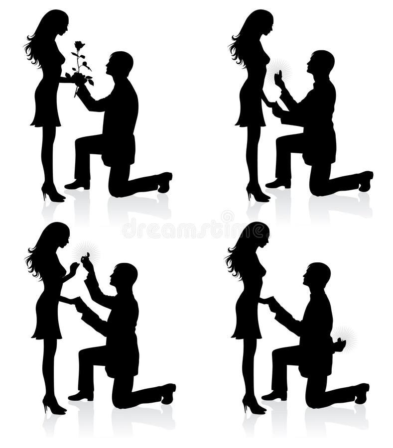 Silhouettes of a man proposing to a woman while standing on one knee. Silhouettes of a man proposing to a woman while standing on one knee.