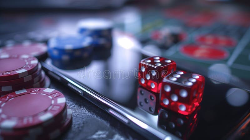 захватывающая игровая сцена онлайн казино, где телефон показывает цифровые игры наряду с живыми фишками ставок и кости иллюстрация штока
