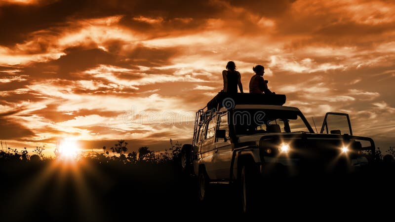 2 women sitting on their car and watching the sunset. 2 women sitting on their car and watching the sunset