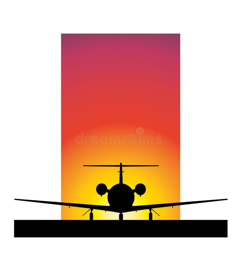 A simple illustration of a silhouetted airplane in front of a sunset sky. A simple illustration of a silhouetted airplane in front of a sunset sky.