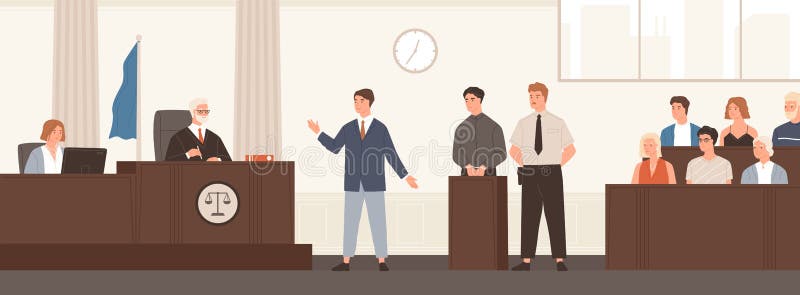 Advocate or barrister giving speech in courtroom in front of judge and jury. Legal defence, public hearing and criminal procedure at court or tribunal. Flat cartoon colorful vector illustration. Advocate or barrister giving speech in courtroom in front of judge and jury. Legal defence, public hearing and criminal procedure at court or tribunal. Flat cartoon colorful vector illustration